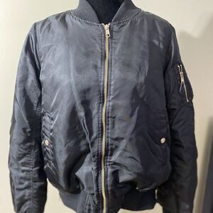 Steve Madden Black Satin Bomber Jacket, Faux Fur Lined, Women's Size Large